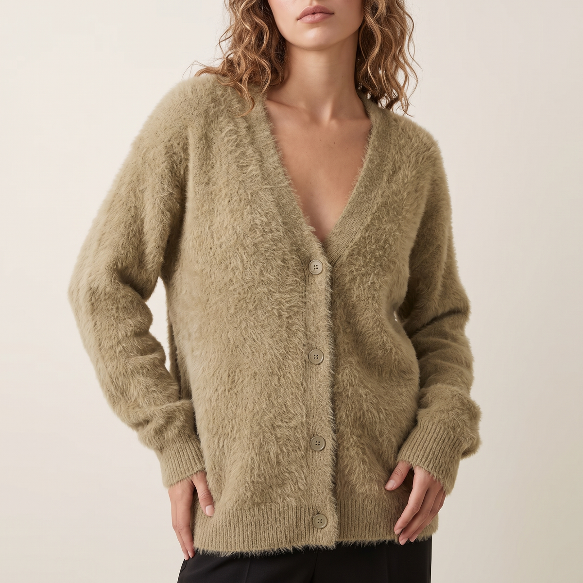 Women's Fluffy Button-Front Cardigan