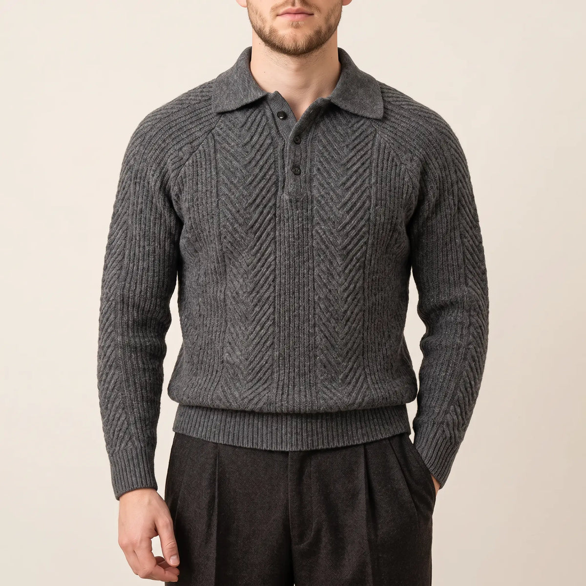 Men's Textured Knit Polo Sweater