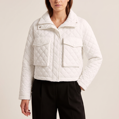 Quilted Diamond-Stitch Crop Jacket in White, front view