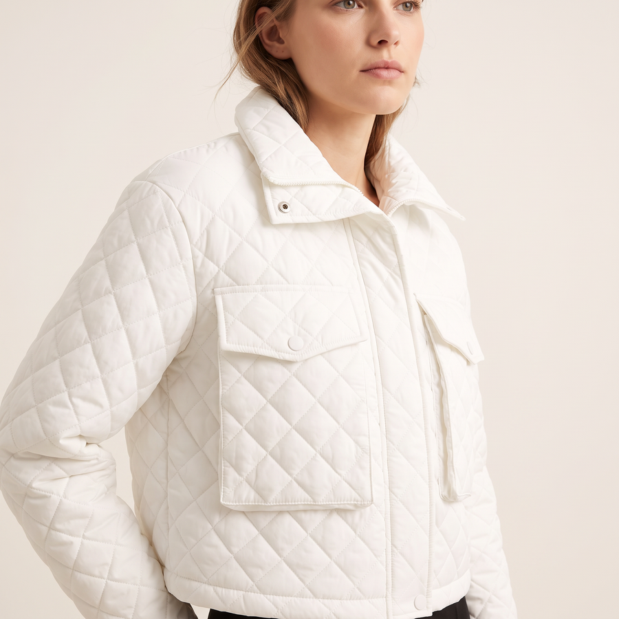 Quilted Diamond-Stitch Crop Jacket in White, 3/4 angle