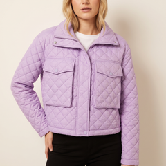 Quilted Diamond-Stitch Crop Jacket in Purple, front view