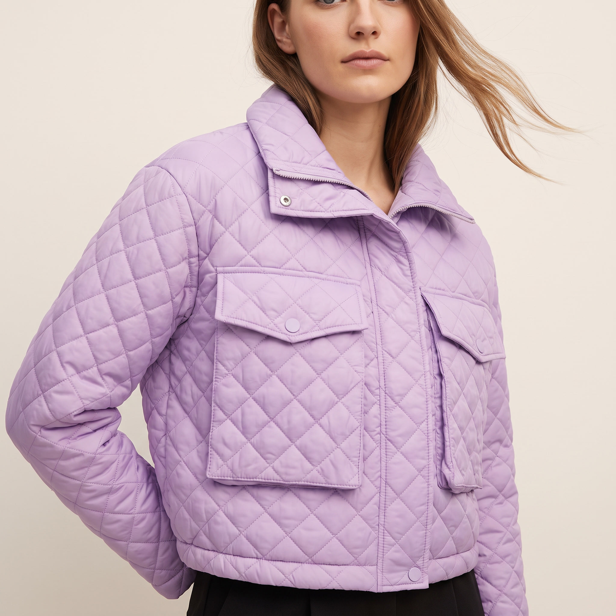 Quilted Diamond-Stitch Crop Jacket in Purple, 3/4 angle