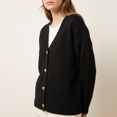 Heart Button V-Neck Knit Cardigan in Black, 3/4 angle