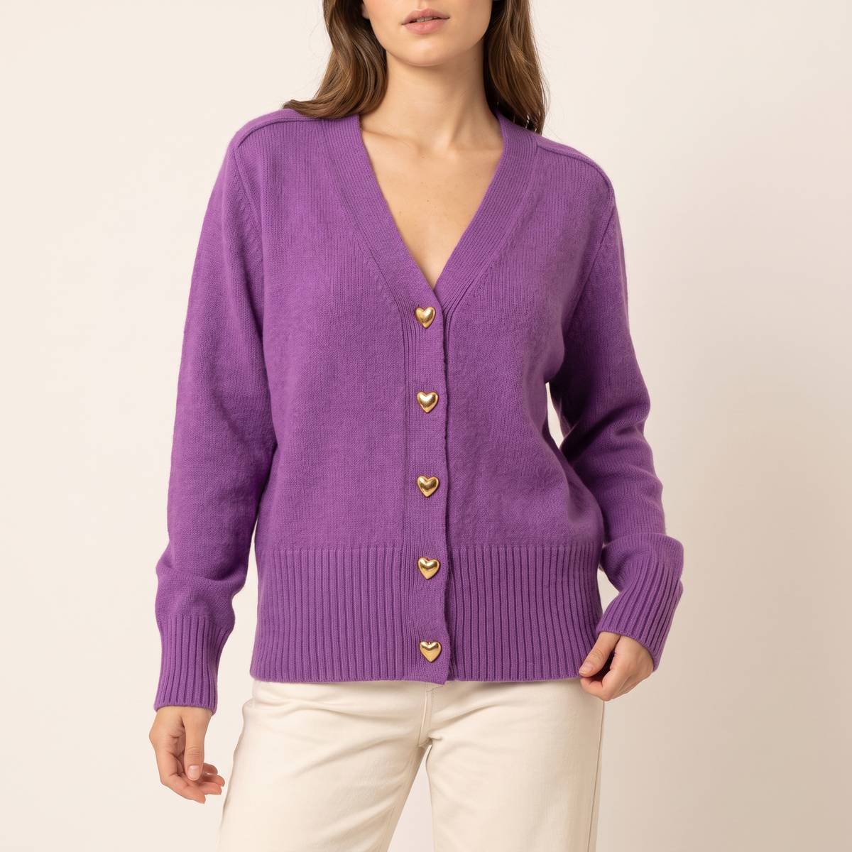Heart Button V-Neck Knit Cardigan in Purple, front view