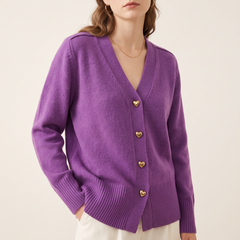 Heart Button V-Neck Knit Cardigan in Purple, 3/4 angle