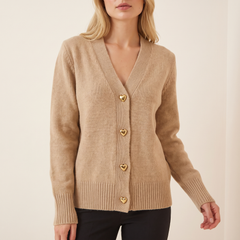 Heart Button V-Neck Knit Cardigan in Beige, front view