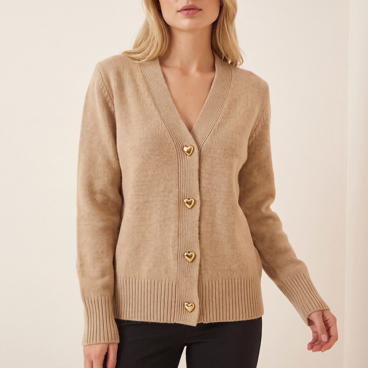 Heart Button V-Neck Knit Cardigan in Beige, front view