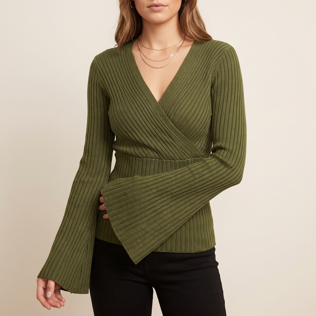 Wrap-Front Ribbed Knit Top in Olive, front view