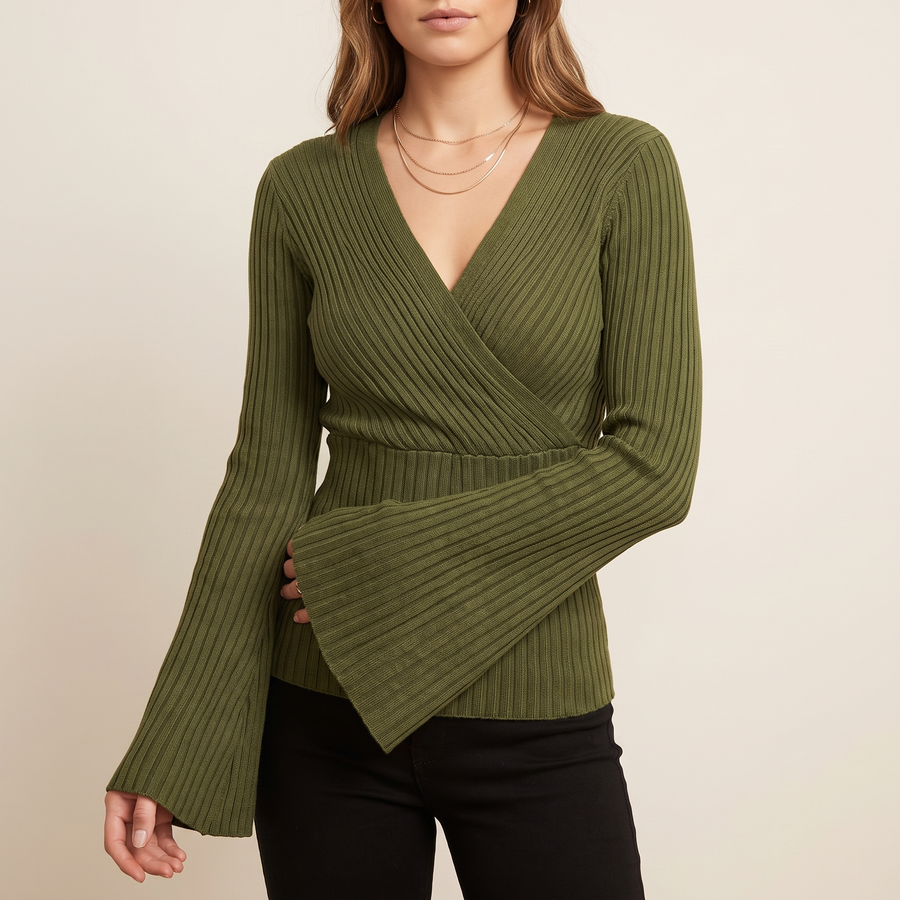 Wrap-Front Ribbed Knit Top in Olive, front view