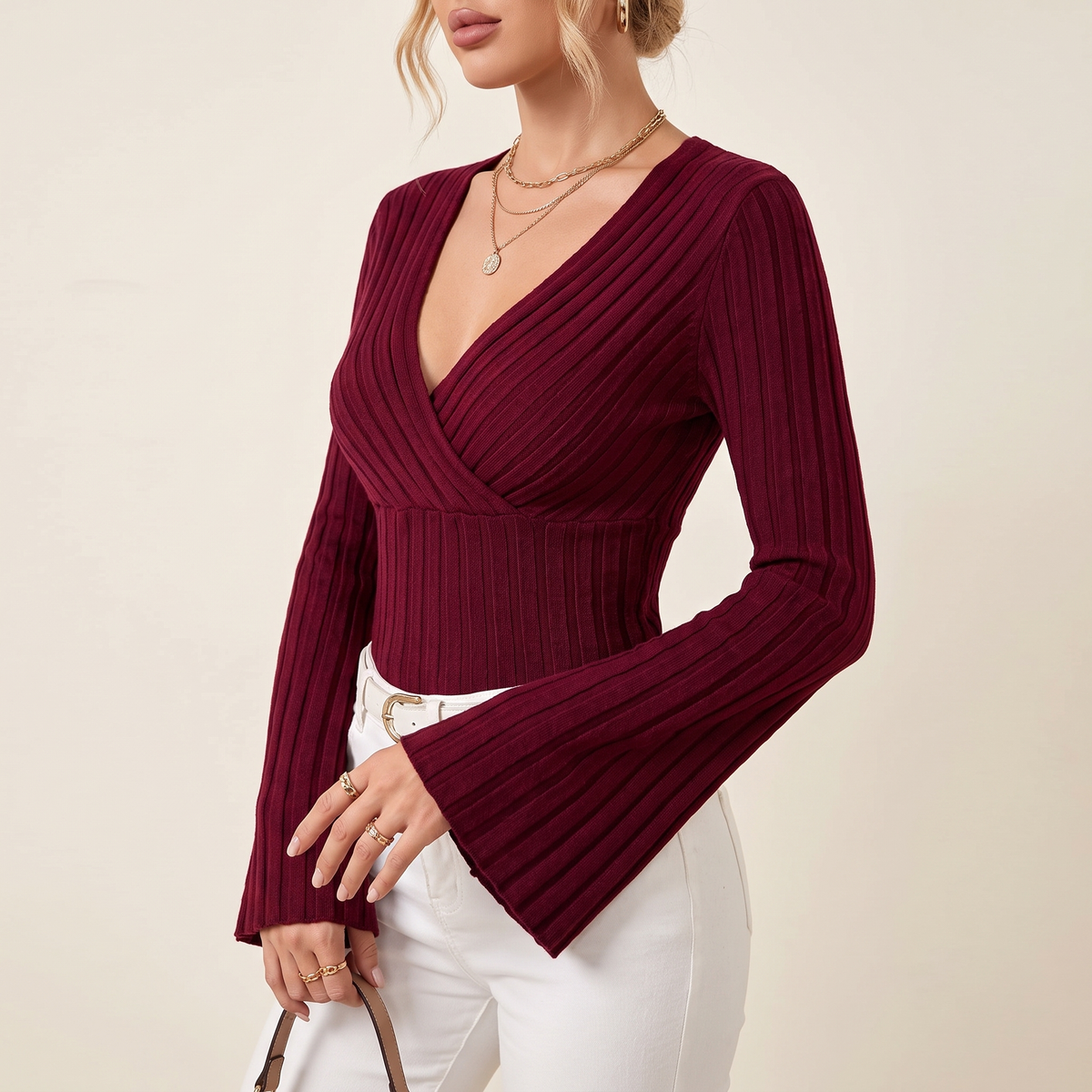 Wrap-Front Ribbed Knit Top in Burgundy, 3/4 angle