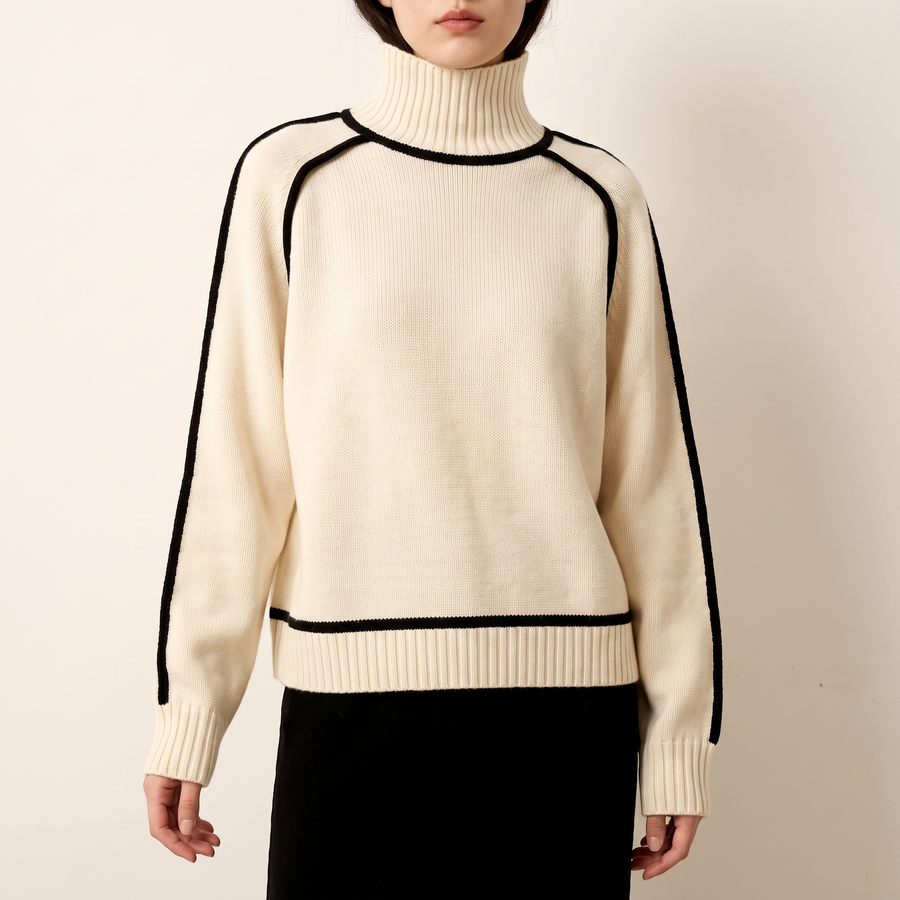 Contrast-Piped Turtleneck Sweater in Cream, front view