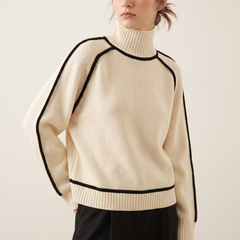 Contrast-Piped Turtleneck Sweater in Cream, 3/4 angle