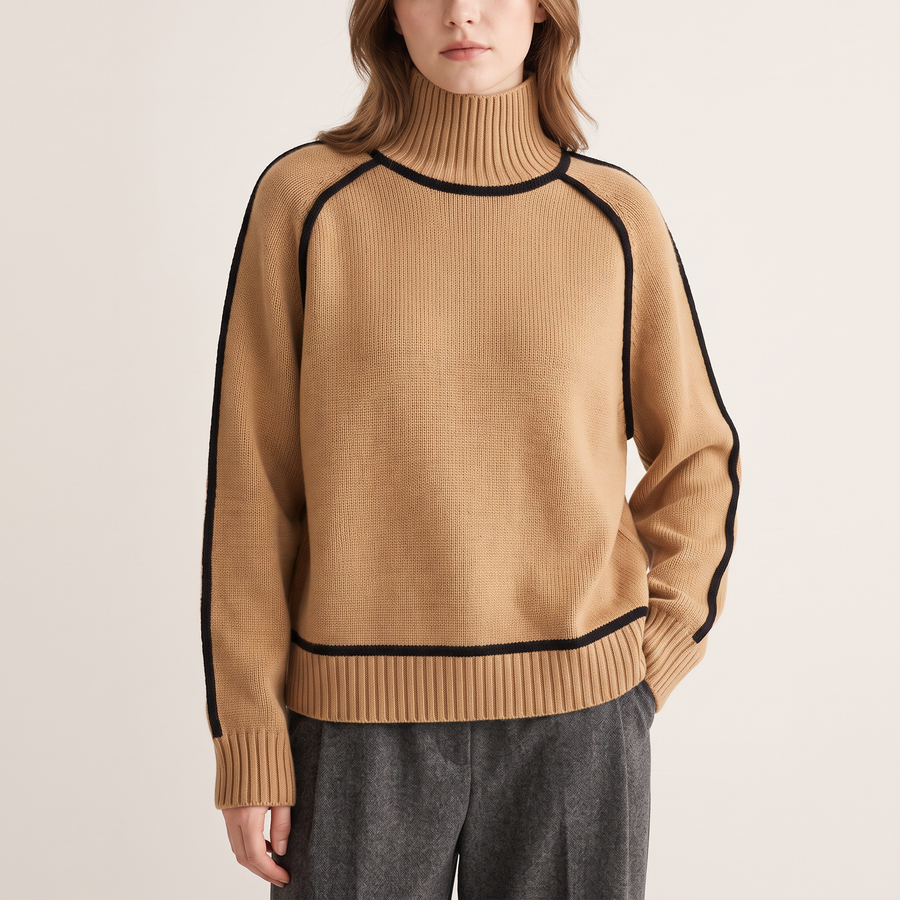 Contrast-Piped Turtleneck Sweater in Camel, front view