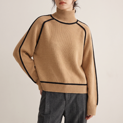 Contrast-Piped Turtleneck Sweater in Camel, 3/4 angle