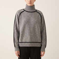 Contrast-Piped Turtleneck Sweater in Grey, front view