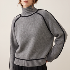 Contrast-Piped Turtleneck Sweater in Grey, 3/4 angle