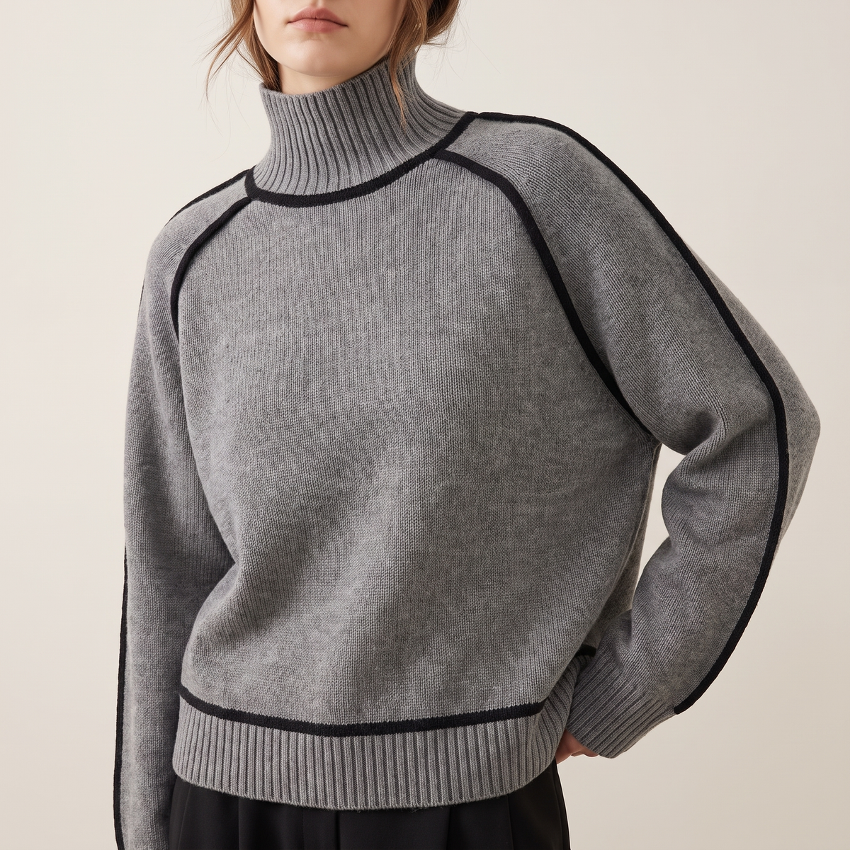 Contrast-Piped Turtleneck Sweater in Grey, 3/4 angle