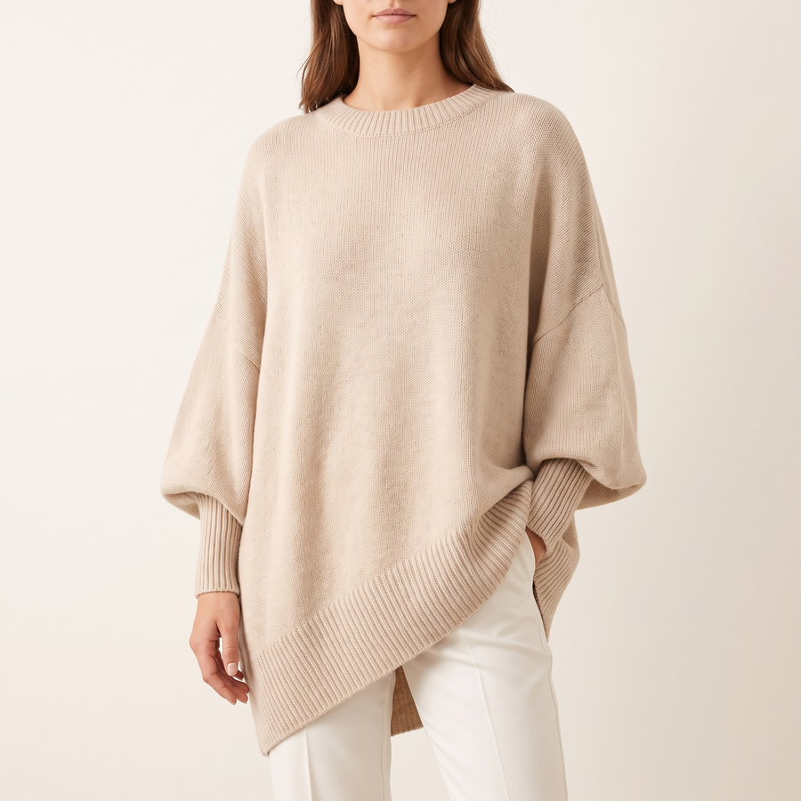 Women's Asymmetric Batwing Poncho Sweater in Beige, front view