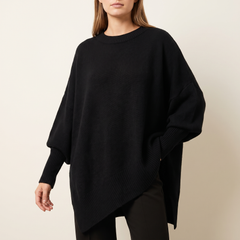 Women's Asymmetric Batwing Poncho Sweater in Black, front view