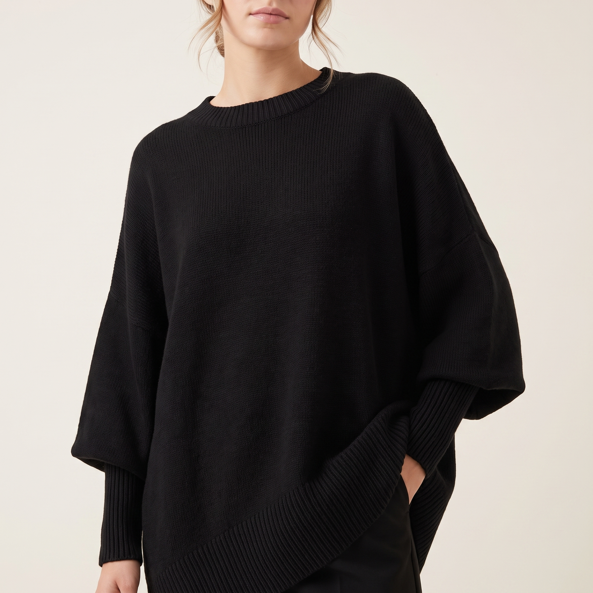 Women's Asymmetric Batwing Poncho Sweater in Black, 3/4 angle