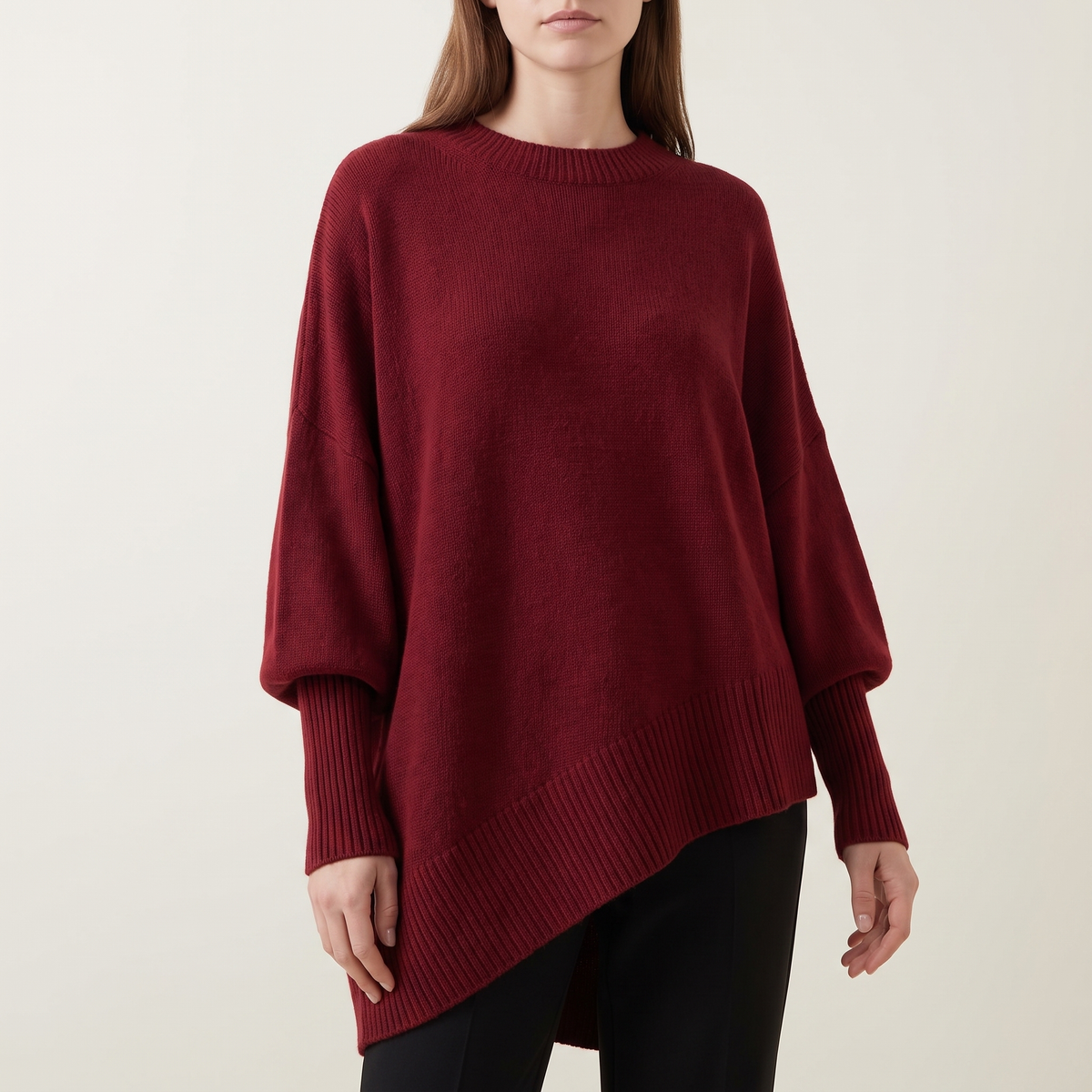 Women's Asymmetric Batwing Poncho Sweater in Dark Red, front view