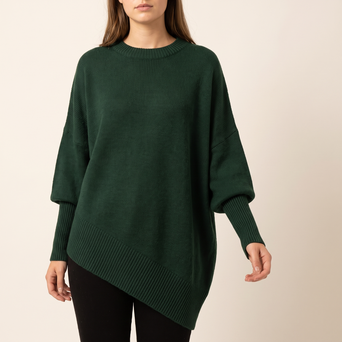 Women's Asymmetric Batwing Poncho Sweater in Dark Green, front view