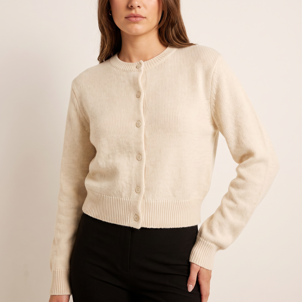 Women's Cropped Button-Front Knit Cardigan in Beige, front view