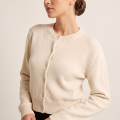 Women's Cropped Button-Front Knit Cardigan in Beige, 3/4 angle