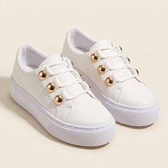 Women's Gold-Stud Platform Trainers in White, pair 3/4 angle
