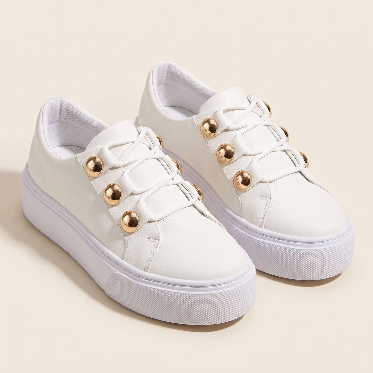 Women's Gold-Stud Platform Trainers in White, pair 3/4 angle