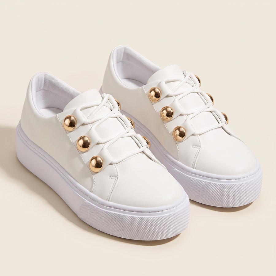 Women's Gold-Stud Platform Trainers in White, pair 3/4 angle