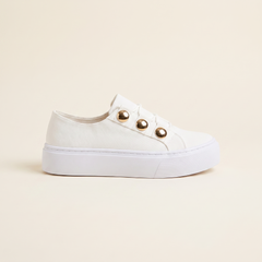 Women's Gold-Stud Platform Trainers in White, single side profile