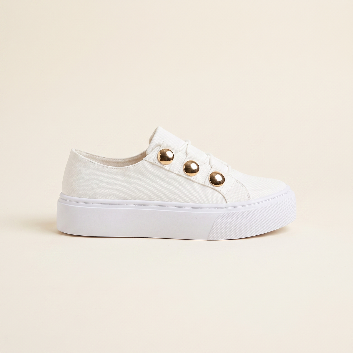 Women's Gold-Stud Platform Trainers in White, single side profile
