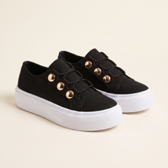 Women's Gold-Stud Platform Trainers in Black, pair 3/4 angle