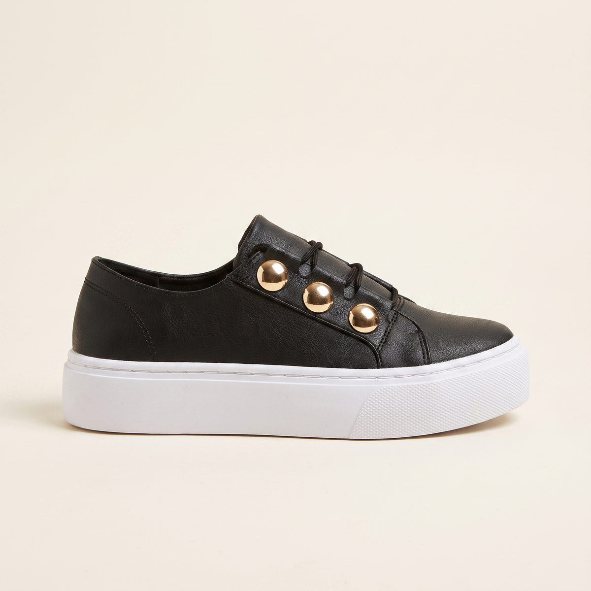 Women's Gold-Stud Platform Trainers in Black, single side profile