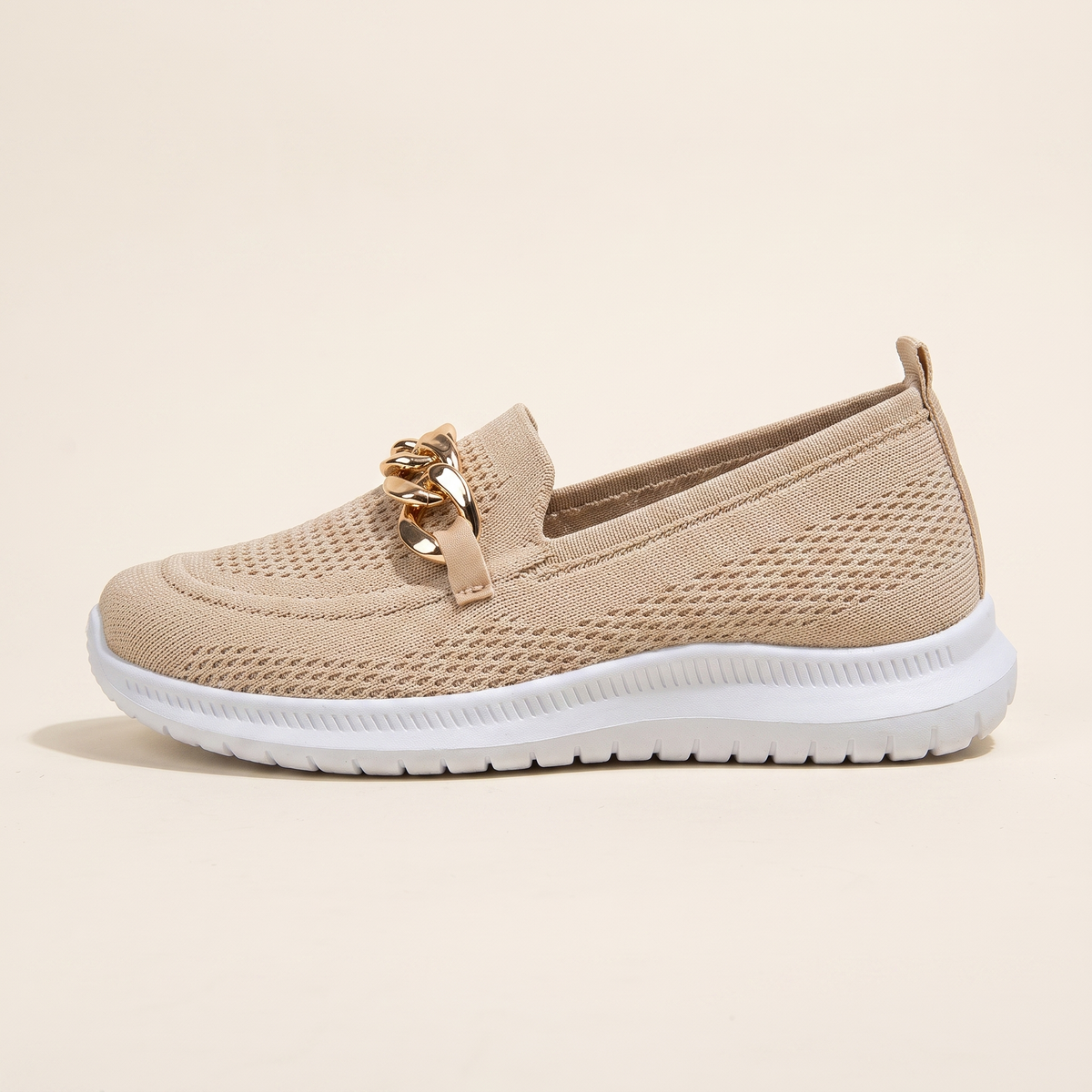 Women's Chain-Trim Knit Slip-On Sneakers in Beige, single side profile