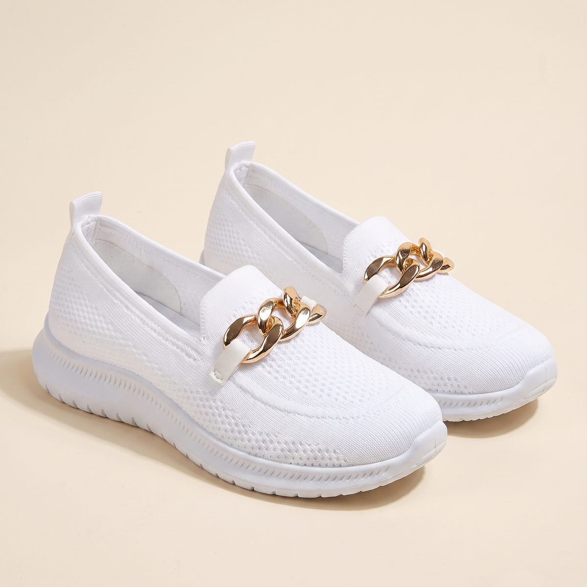 Women's Chain-Trim Knit Slip-On Sneakers in White, pair 3/4 angle