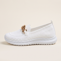 Women's Chain-Trim Knit Slip-On Sneakers in White, single side profile