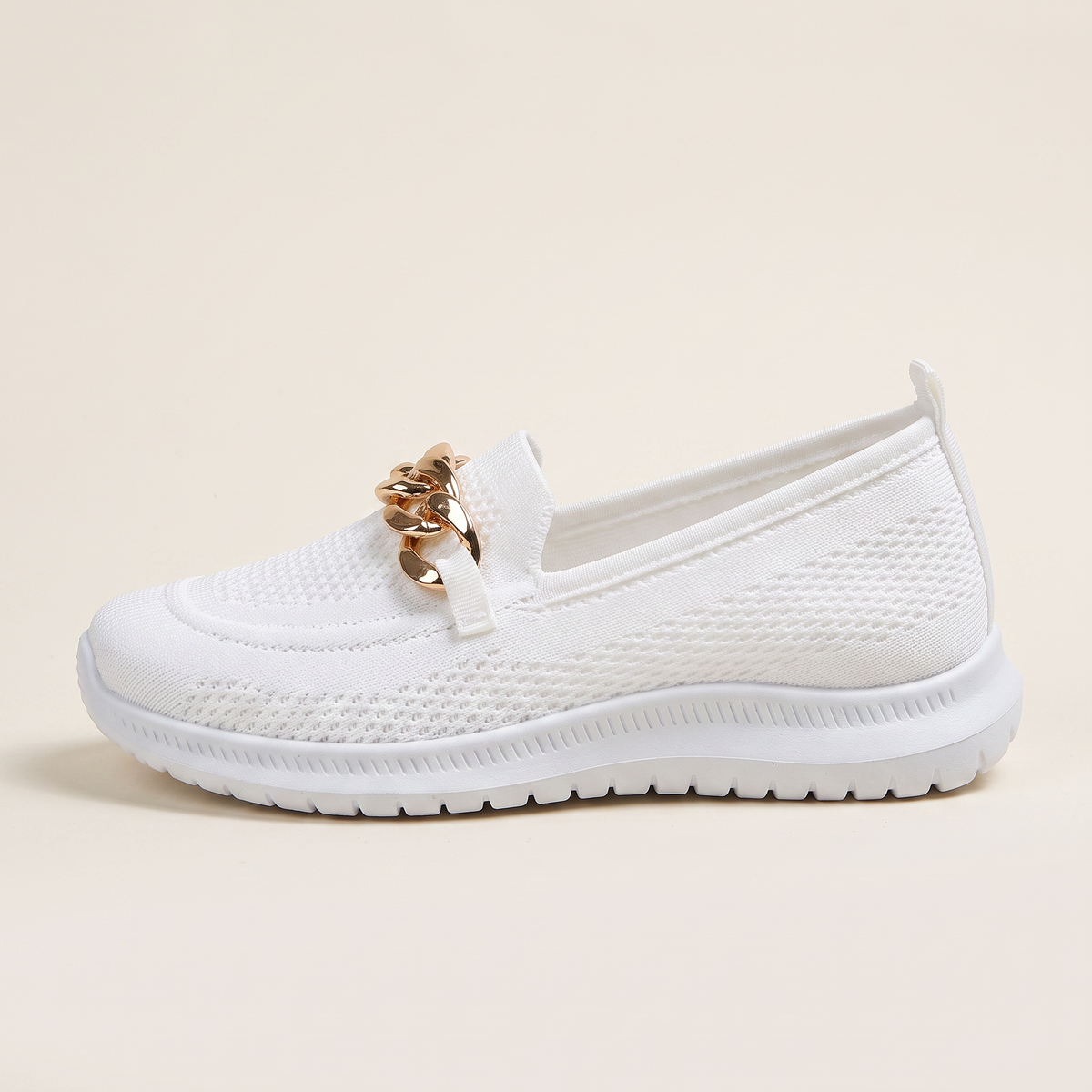 Women's Chain-Trim Knit Slip-On Sneakers in White, single side profile