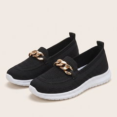 Women's Chain-Trim Knit Slip-On Sneakers in Black, pair 3/4 angle