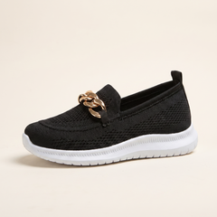 Women's Chain-Trim Knit Slip-On Sneakers in Black, single side profile