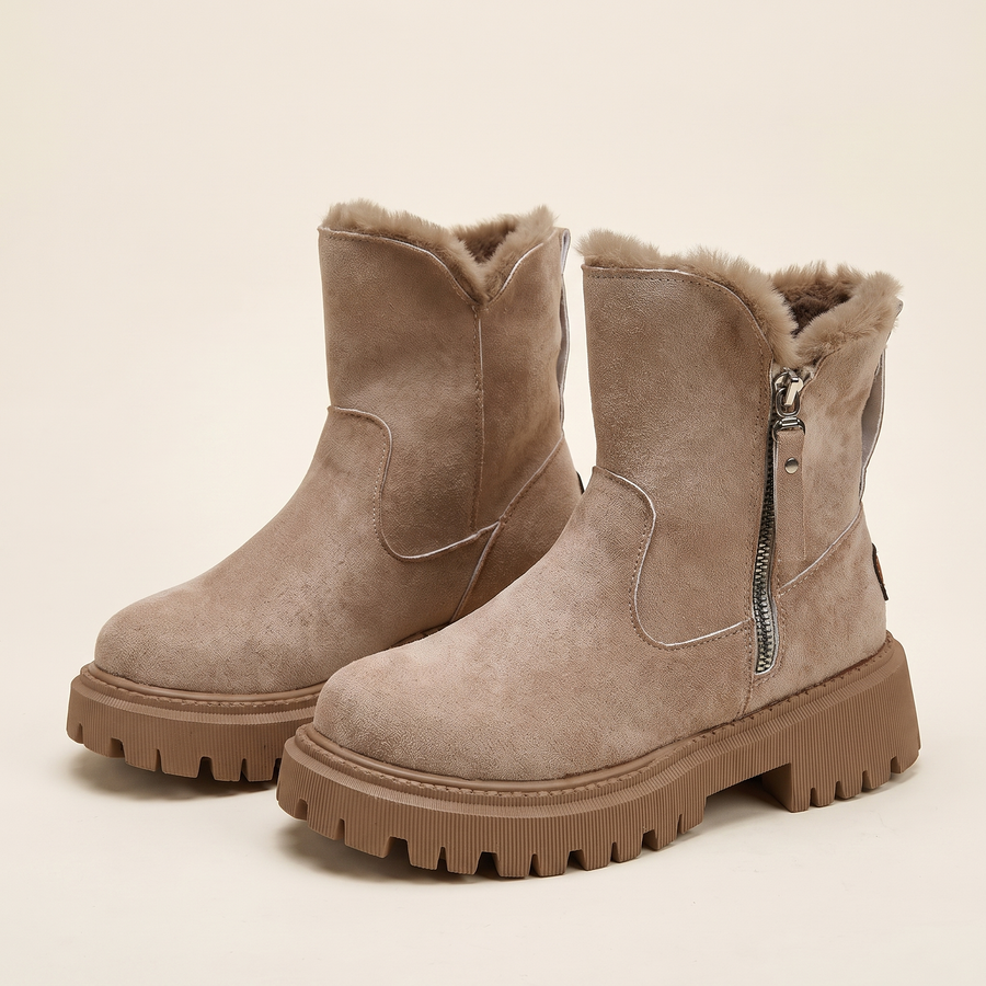 Women's Fur-Lined Suede Ankle Boots in Camel, pair 3/4 angle