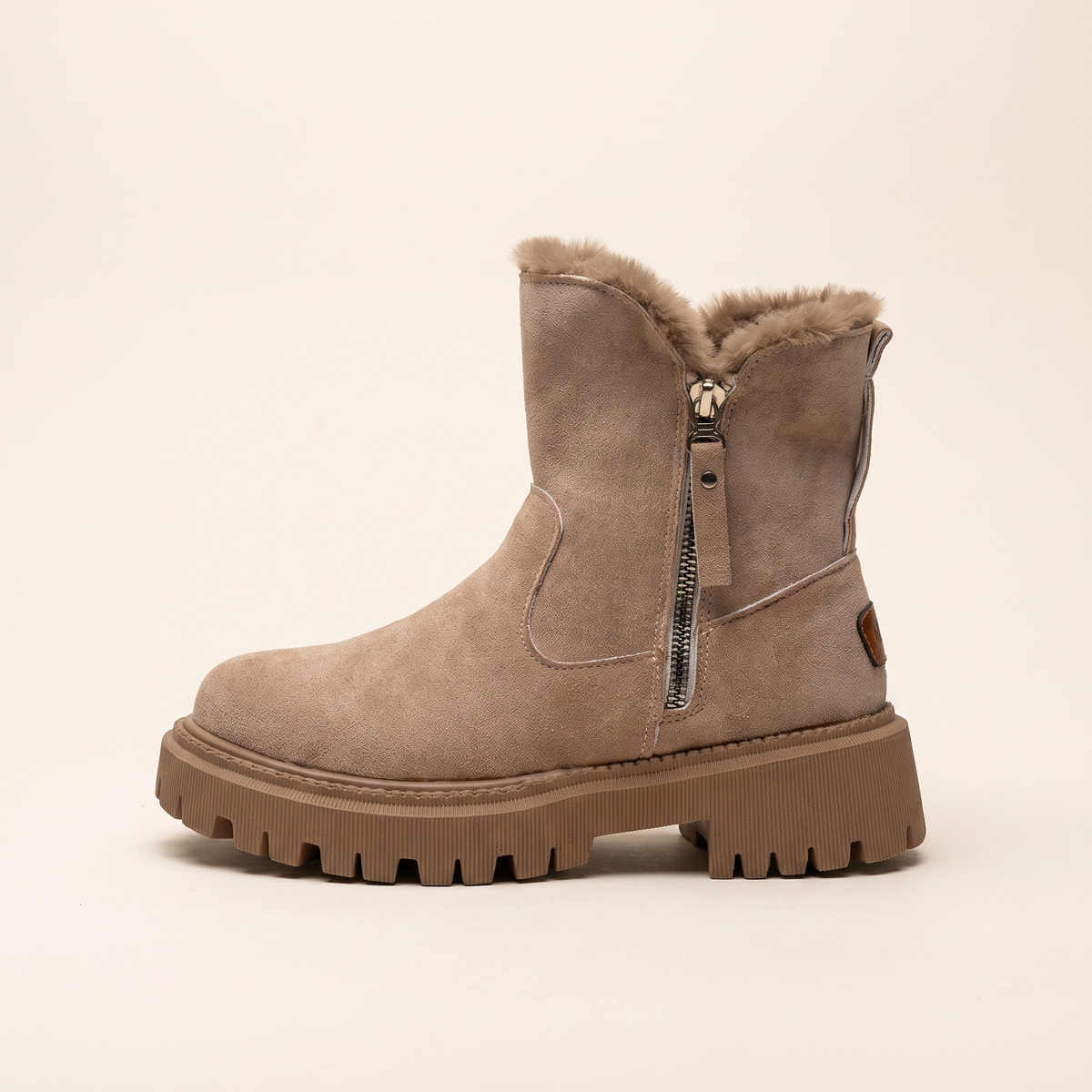 Women's Fur-Lined Suede Ankle Boots in Camel, single side profile