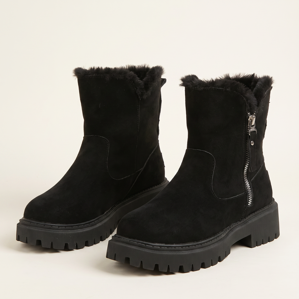 Women's Fur-Lined Suede Ankle Boots in Black, pair 3/4 angle