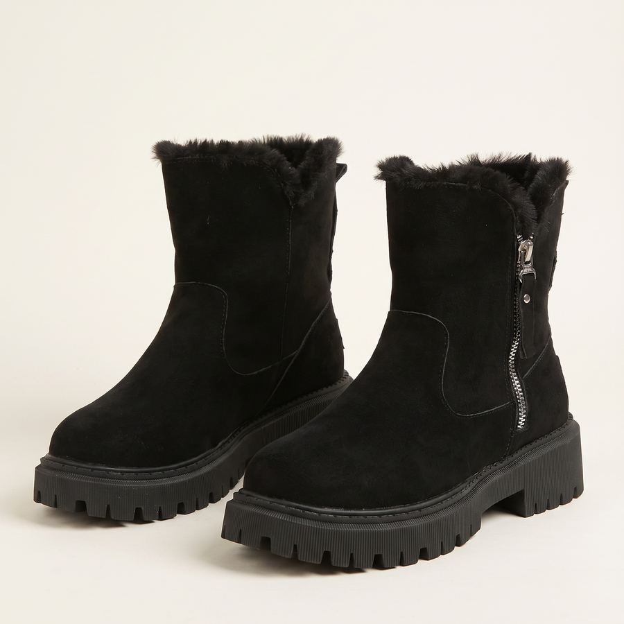 Women's Fur-Lined Suede Ankle Boots in Black, pair 3/4 angle