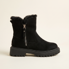 Women's Fur-Lined Suede Ankle Boots in Black, single side profile