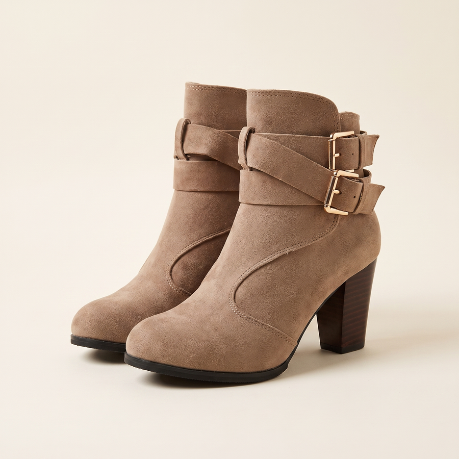 Women's Buckle-Strap Suede Ankle Boots in Camel, pair 3/4 angle
