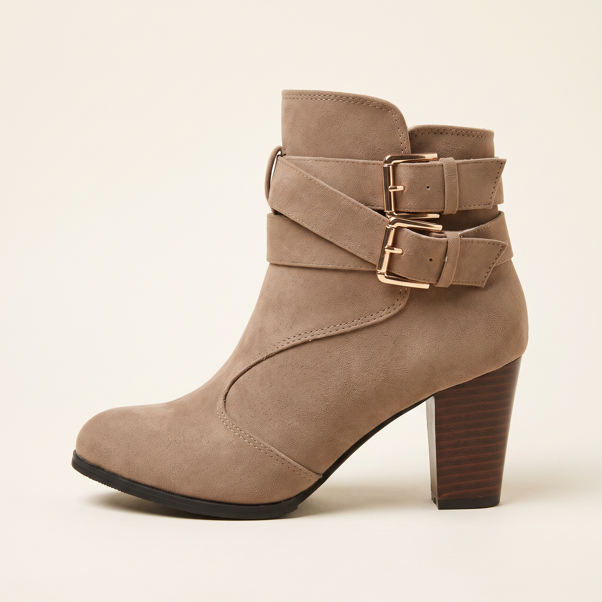 Women's Buckle-Strap Suede Ankle Boots in Camel, single side profile