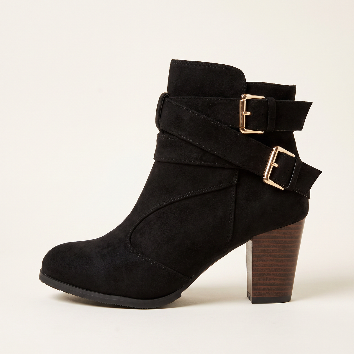 Women's Buckle-Strap Suede Ankle Boots in Black, single side profile