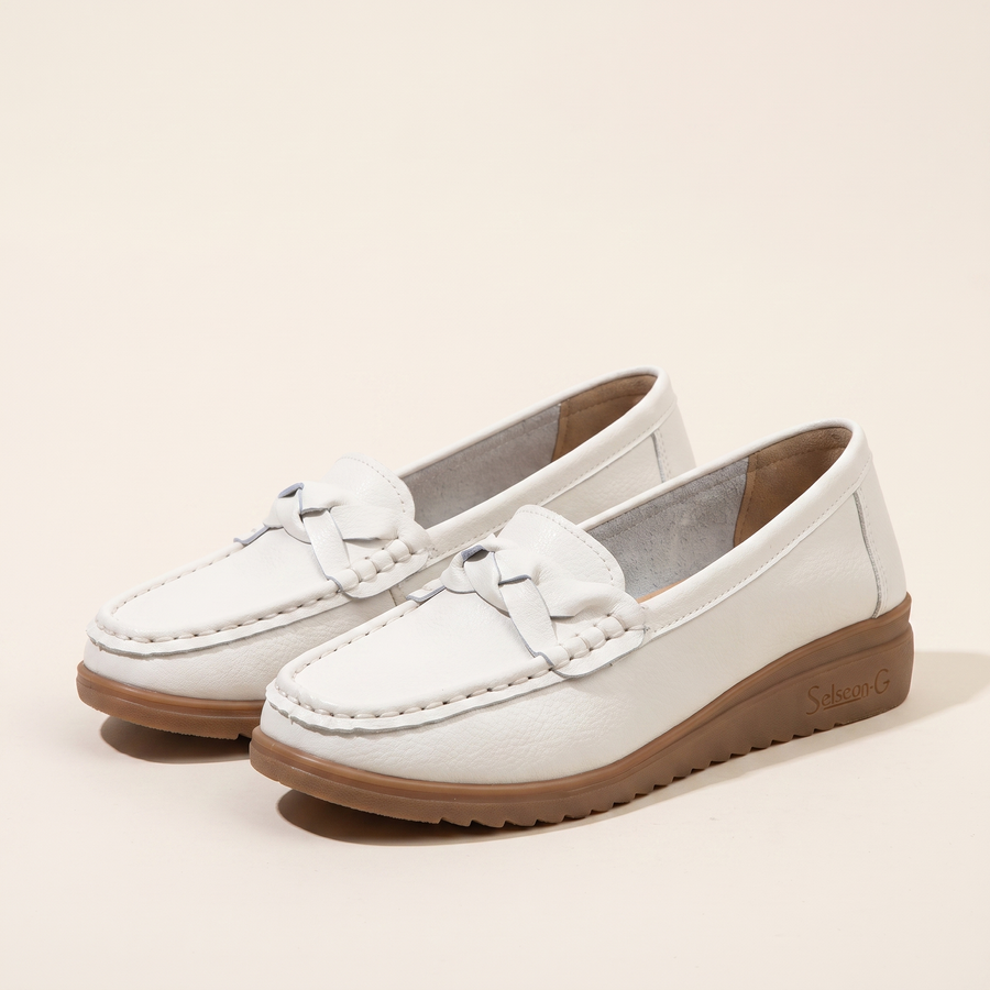 Women's Braided Moccasin Loafers in White, pair 3/4 angle
